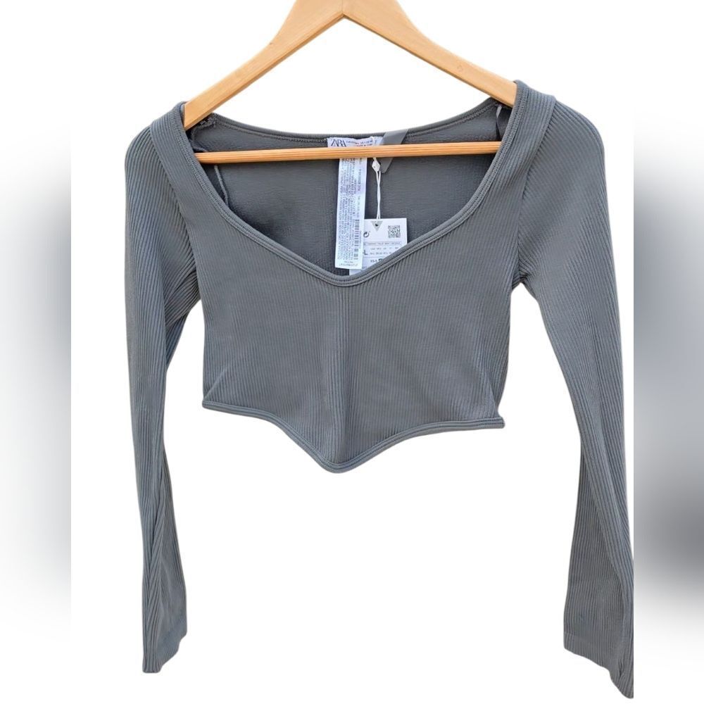 Zara Gray Ribbed Crop Top - Picture 3 of 11